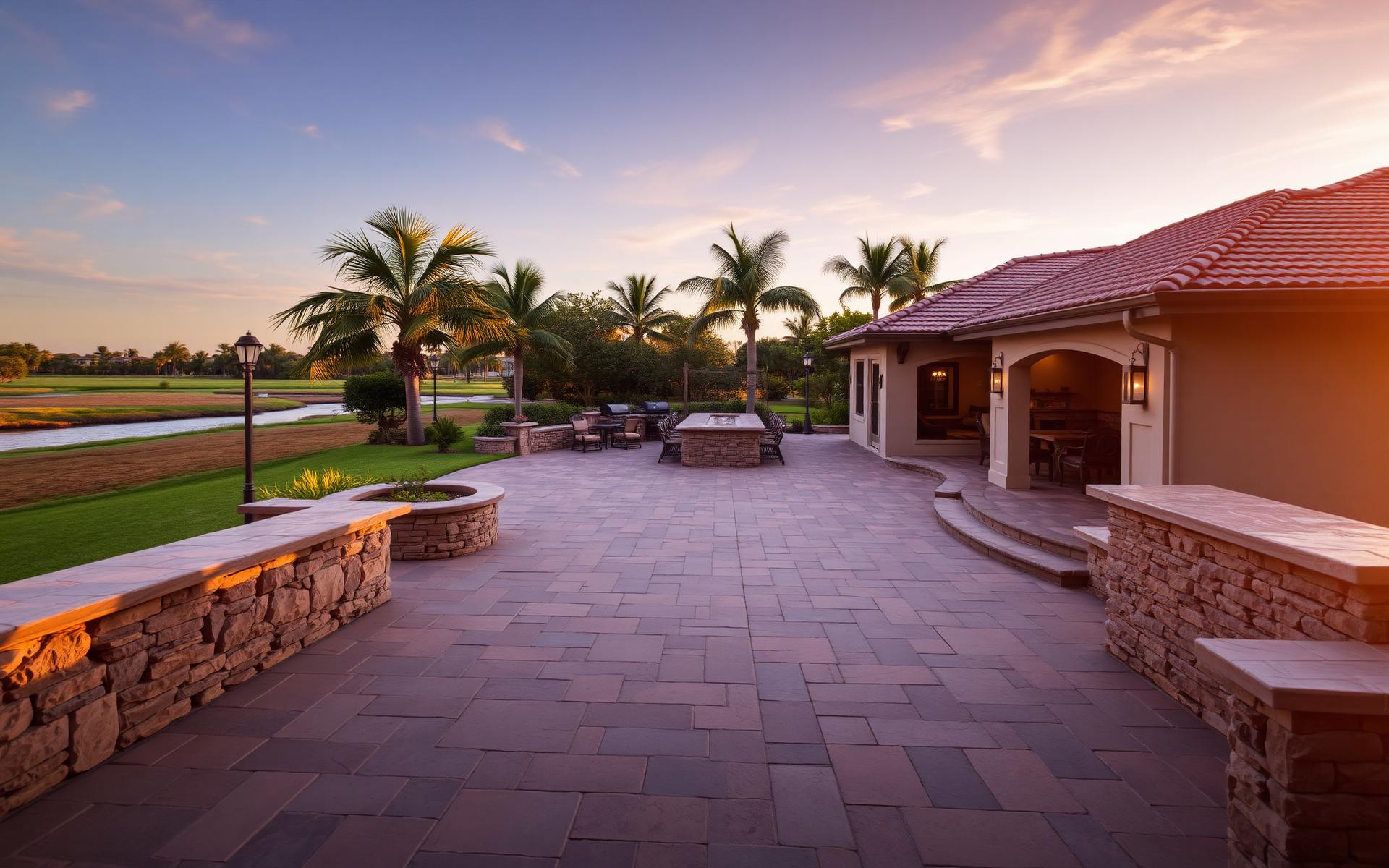 Luxury paver patio at sunset in Tampa